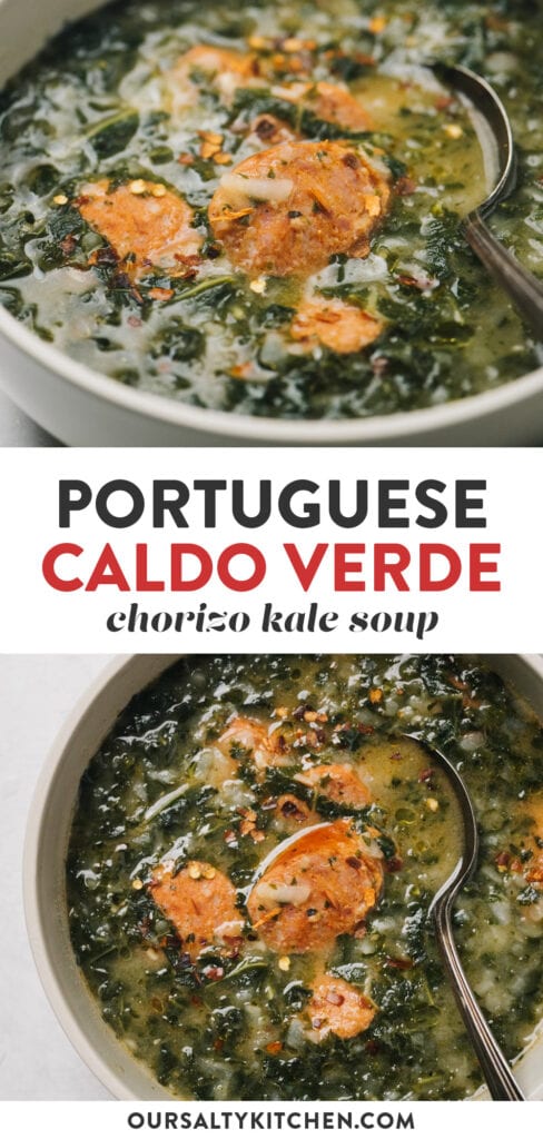Pinterest collage for Portuguese green soup, also called caldo verde.