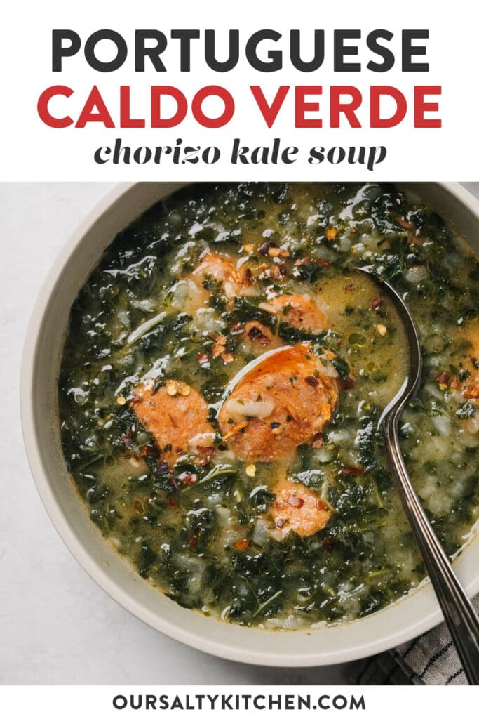 Pinterest image for Portuguese green soup, also called caldo verde.