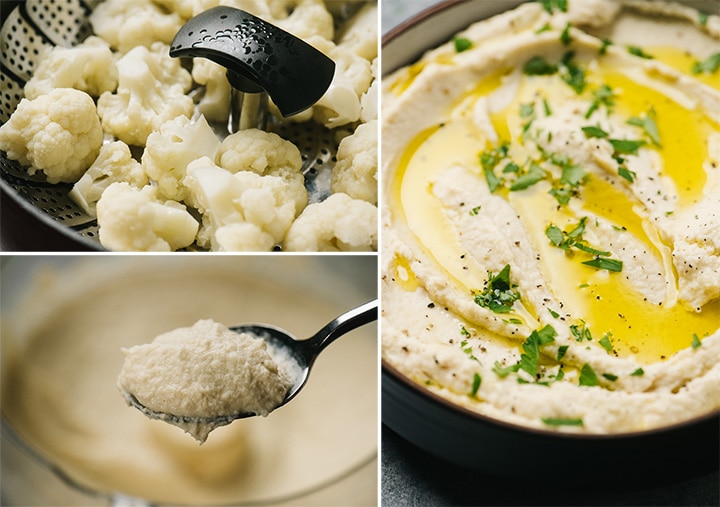 A collage showing how to make cauliflower hummus - steamed cauliflower; a spoonful of cauliflower hummus; and a bowl of keto hummus.