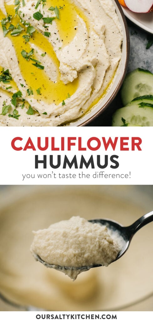 Pinterest collage for a healthy cauliflower hummus recipe.