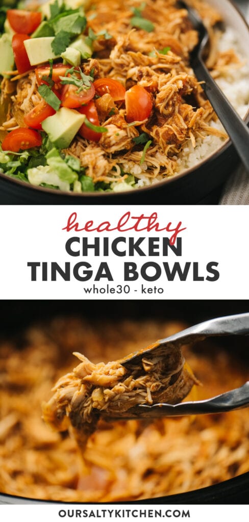Pinterest collage for a slow cooker chicken tinga recipe.