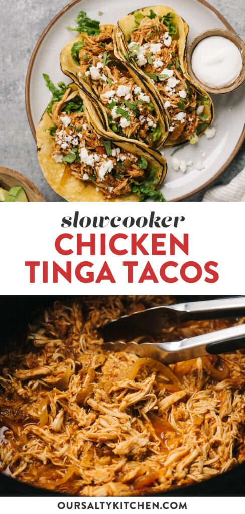 Pinterest collage for chicken tinga tacos made in the slow cooker.