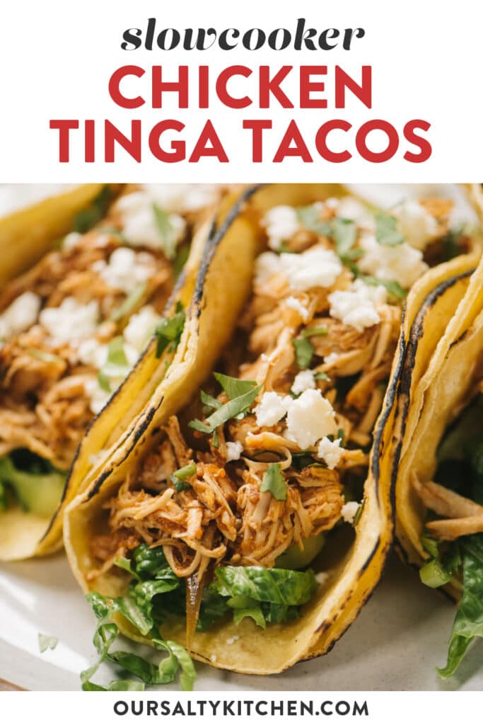 Pinterest image for chicken tinga tacos made in the slow cooker.