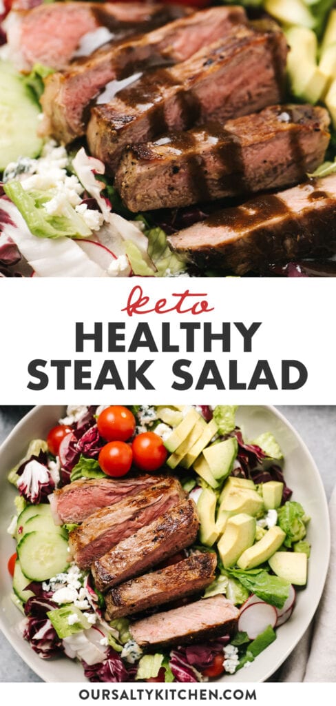 Pinterest collage for a keto steak salad recipe.