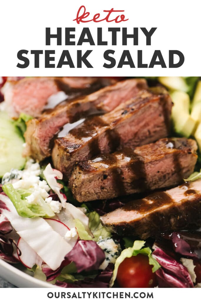 Pinterest image for a keto steak salad recipe.