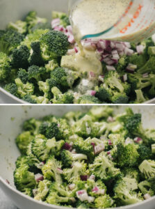 Top - adding creamy dressing to broccoli and red onion; bottom - broccoli salad marinated with creamy dressing.