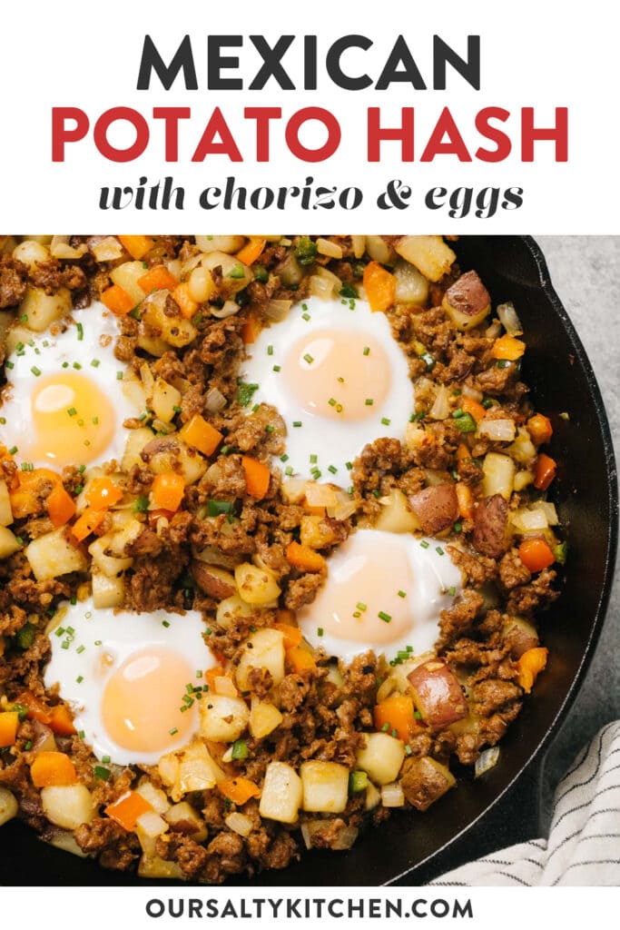 Pinterest image for a mexican potato hash recipe with chorizo and runny eggs.