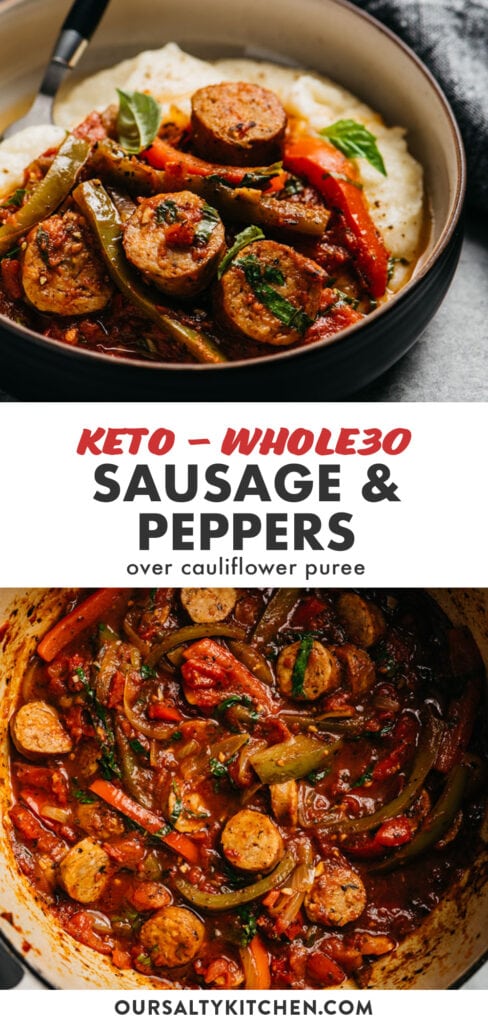 Pinterest collage for a whole30 and keto sausage and peppers recipe.