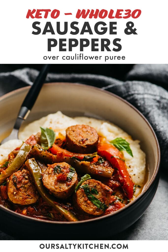 Pinterest image for a whole30 and keto sausage and peppers recipe.