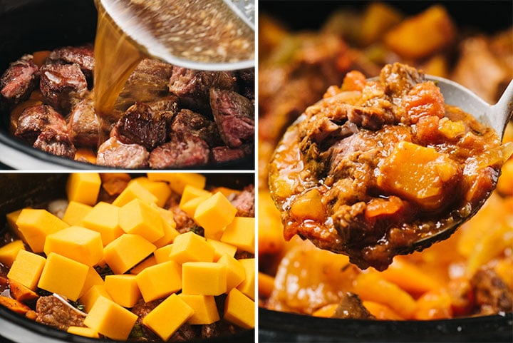A collage showing how to make whole30 beef stew in the slow cooker.