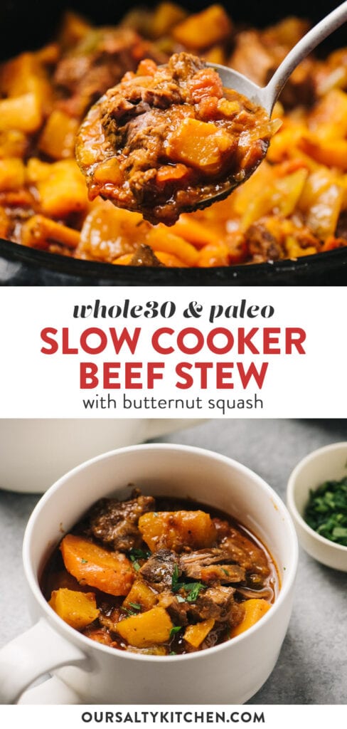 Pinterest collage for whole30 beef stew with butternut squash prepared in a slow cooker.