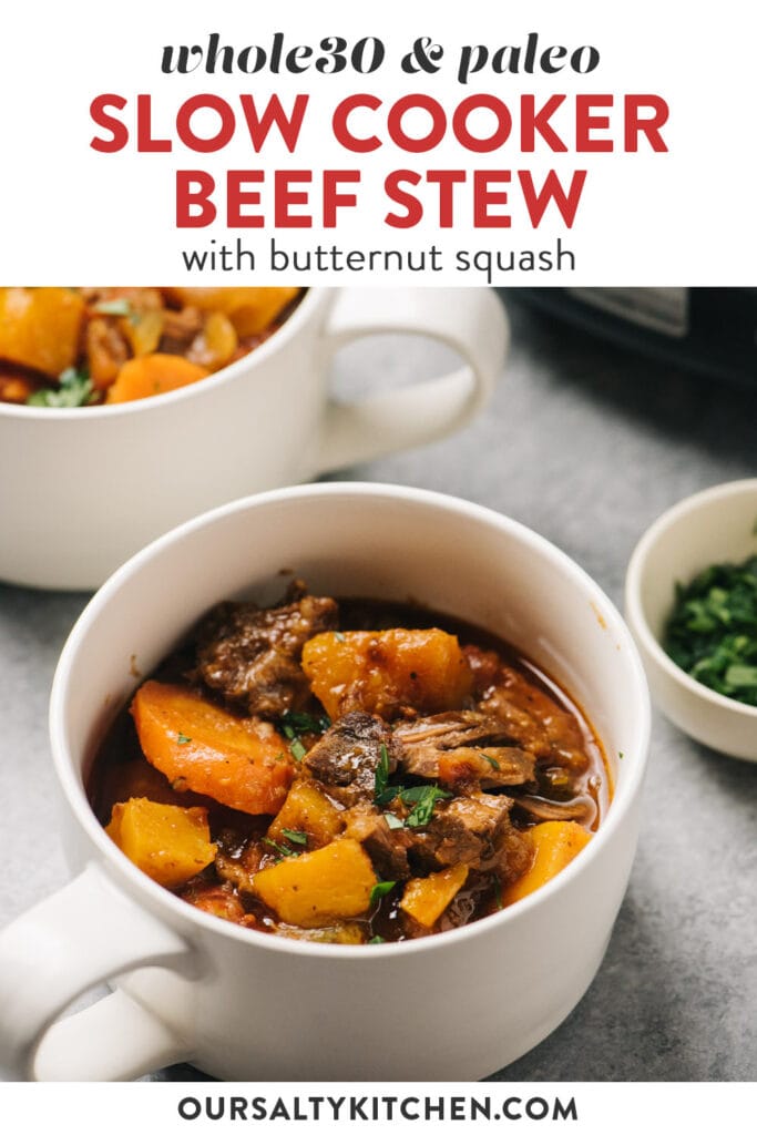 Pinterest image for whole30 beef stew with butternut squash prepared in a slow cooker.