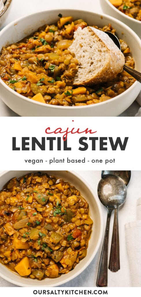 Pinterest collage for vegan lentil stew with cajun seasonings.