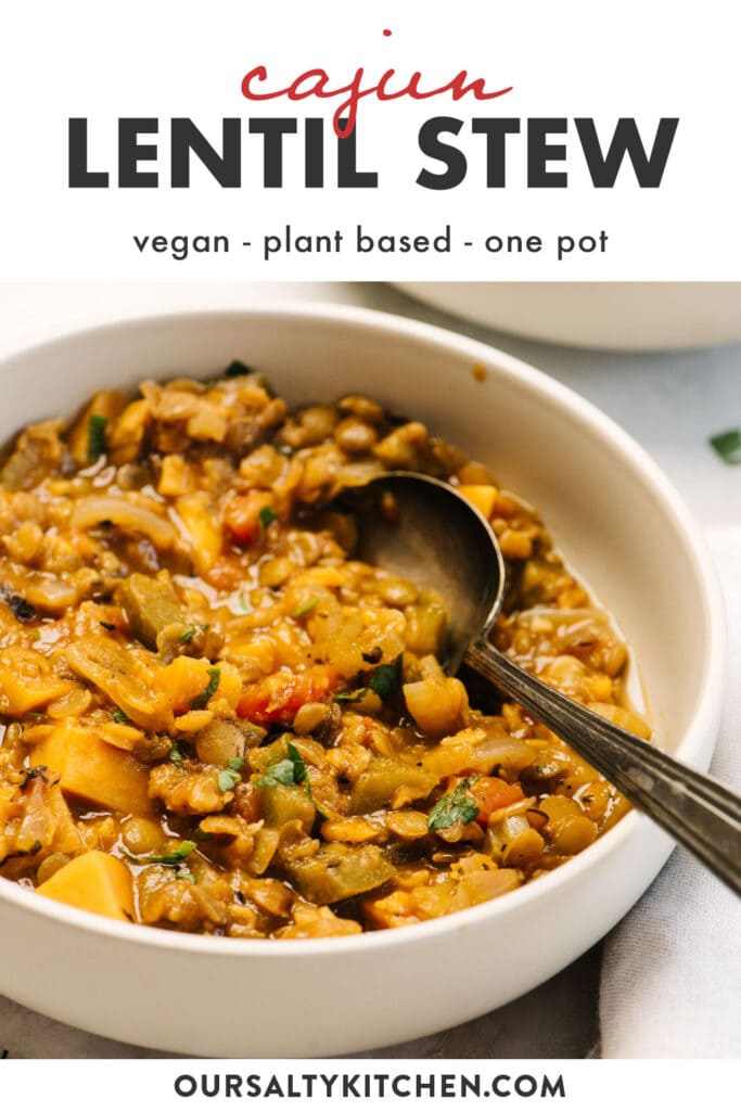 Pinterest image for vegan lentil stew with cajun seasonings.
