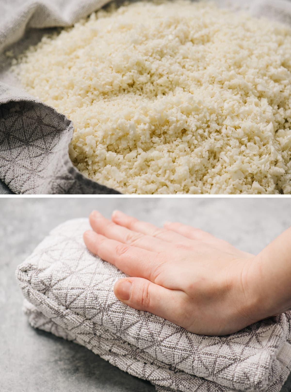 Top - cauliflower rice in a tea towel; bottom - pressing on cauliflower rice wrapped in a tea towel to wring out excess moisture.