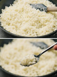 Top - frozen cauliflower rice sautéing in a skillet; bottom - a spoonful of cauliflower rice cooked from frozen.