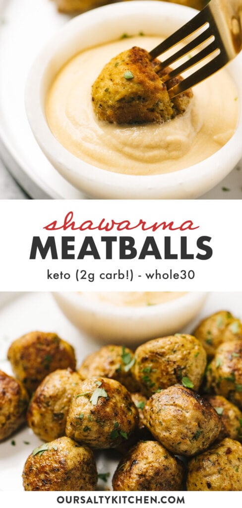 Pinterest collage for keto chicken meatballs with shawarma seasoning and tahini dipping sauce.