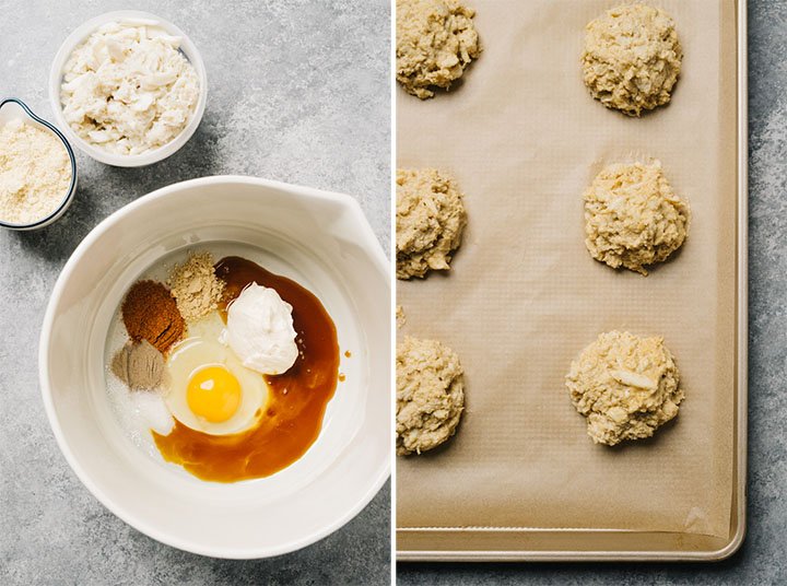 Left - the ingredients for maryland crab cakes arranged on a concrete background; right - crab cakes portioned onto a parchment lined baking sheet.
