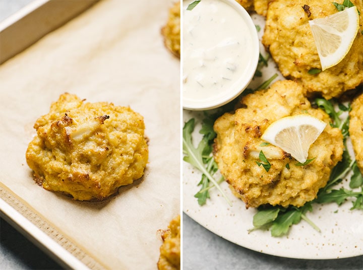 Left - a baked crab cake on a baking sheet; right - keto crab cakes on a platter with a small bowl of fresh tartar sauce.