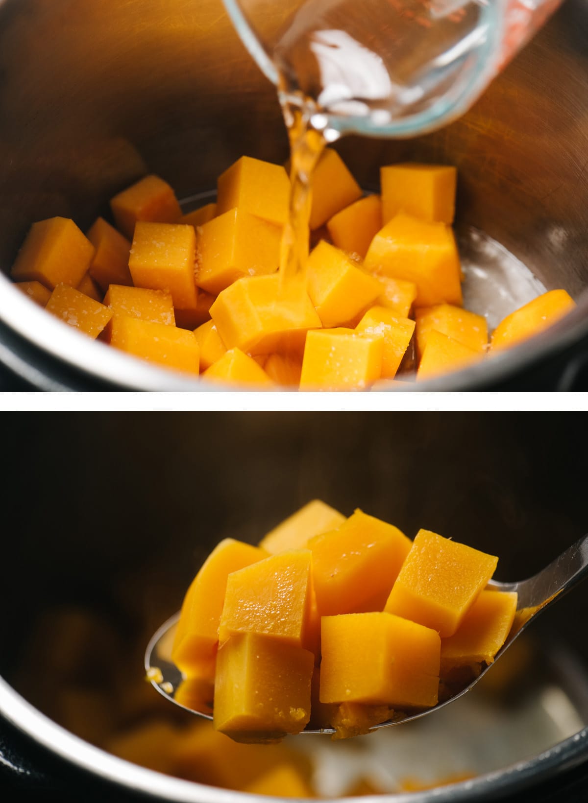 Top - pouring water over butternut squash cubes in an instant pot; bottom - instant pot steamed butternut squash cubes on a slotted spoon.