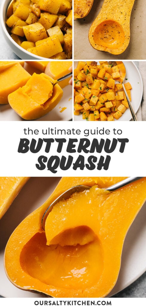 A pinterest collage showing various ways to cook and prepare butternut squash.