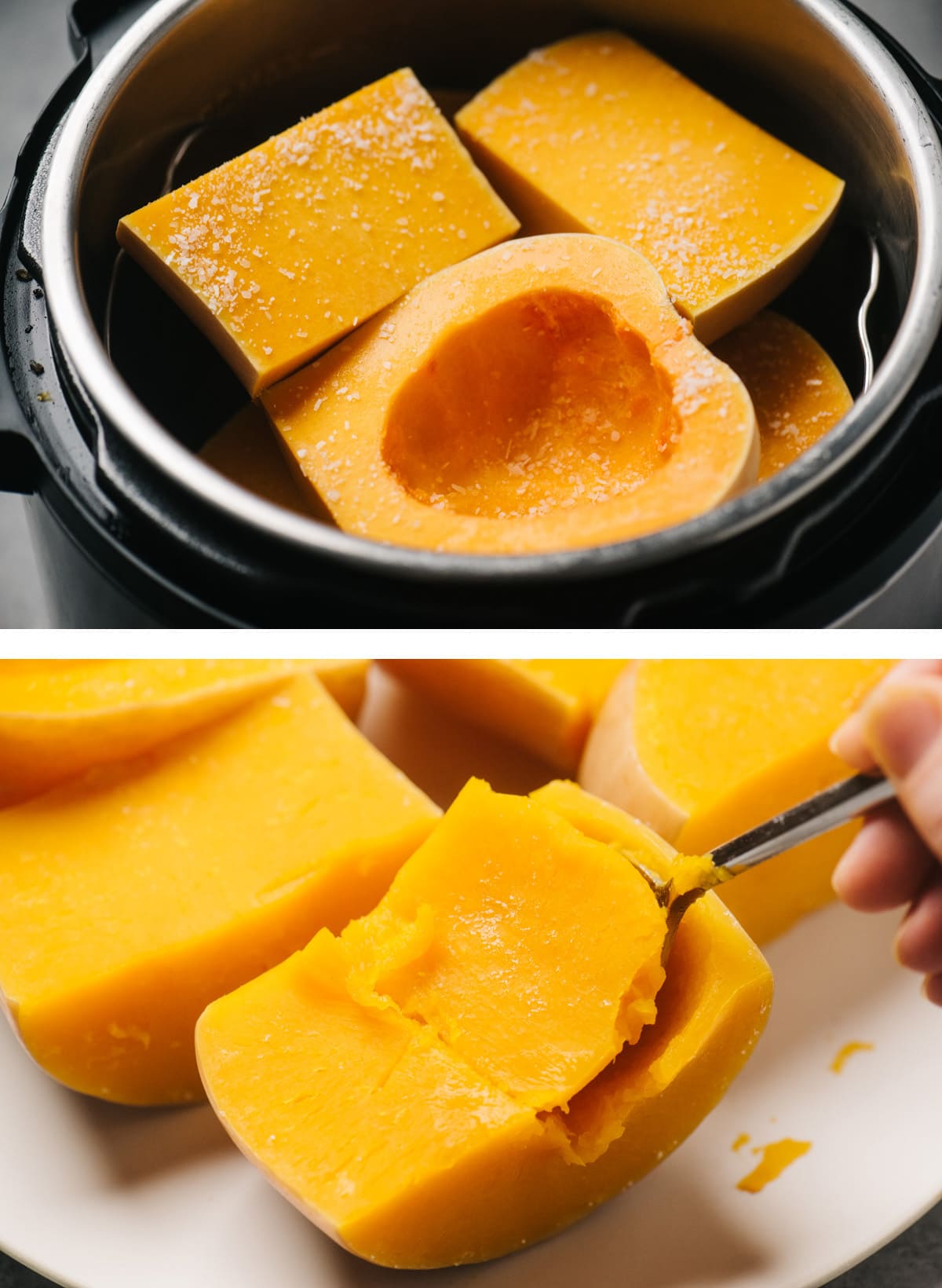Top - a whole butternut squash cut into fours in and instant pot; bottom - scoop flesh from steamed butternut squash halves.