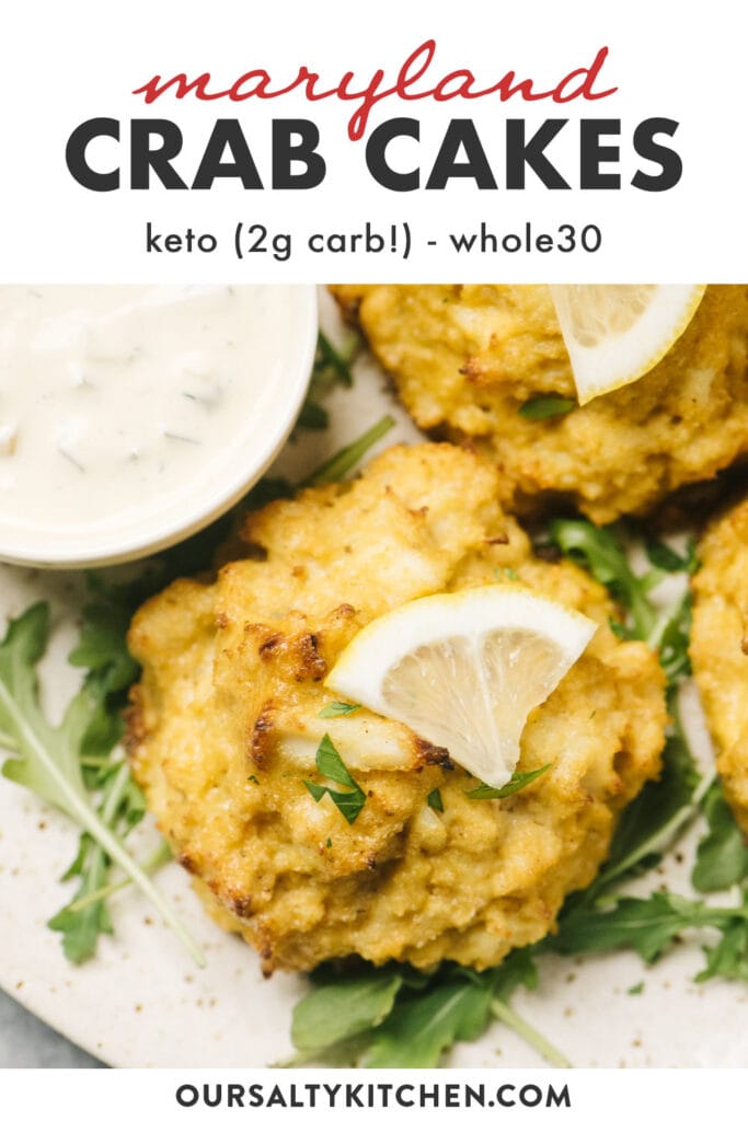 Pinterest image for keto and whole30 crab cakes with low carb tartar sauce.