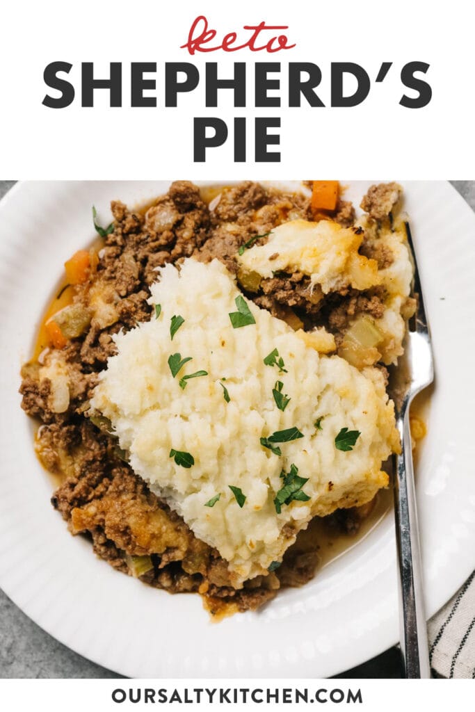Pinterest image for keto shepherd's pie with cauliflower and turnip mashed potatoes.