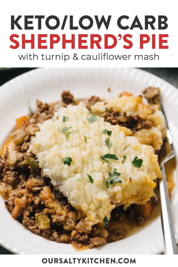 Pinterest image for a low carb shepherd's pie with keto mashed potatoes.