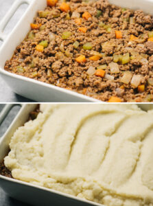 Top - shepherds pie filling in a casserole dish; bottom - filling topped with keto mashed potatoes.