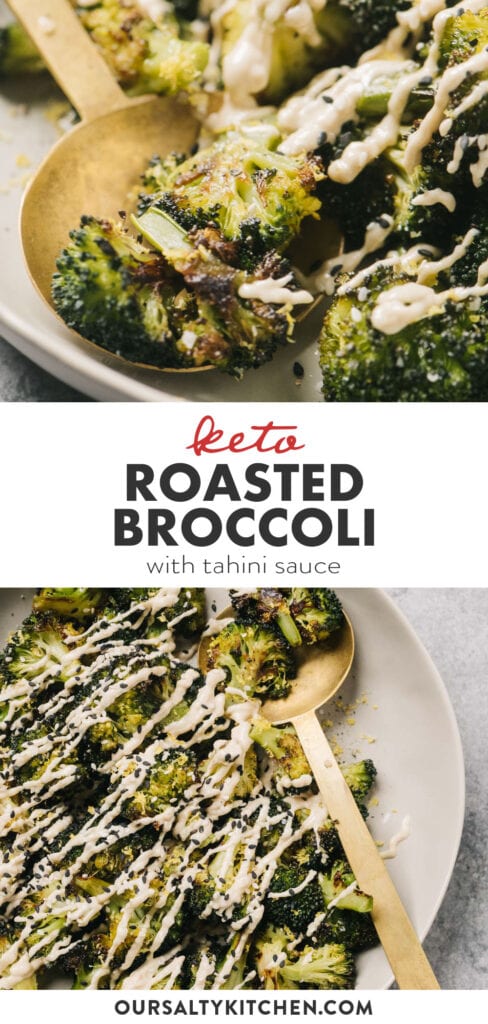 Pinterest collage for keto roasted broccoli with tahini dipping sauce.