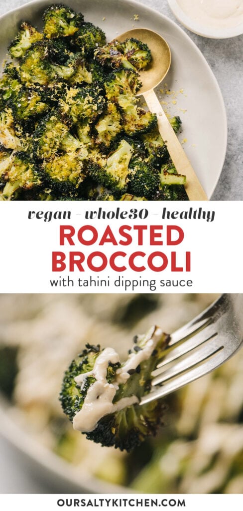 Pinterest collage for roasted broccoli with tahini sauce recipe.
