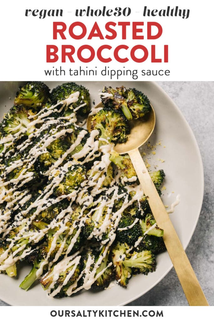 Pinterest image for roasted broccoli with tahini sauce recipe.
