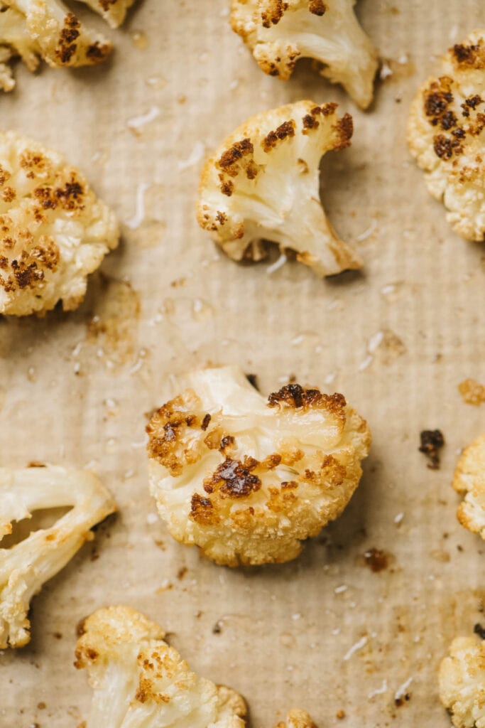 Detail view of oven roasted cauliflower florets.