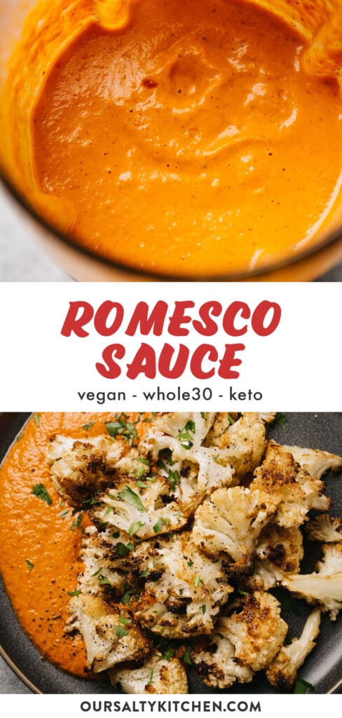 Pinterest collage for healthy romesco sauce (vegan, whole30, and keto friendly!).