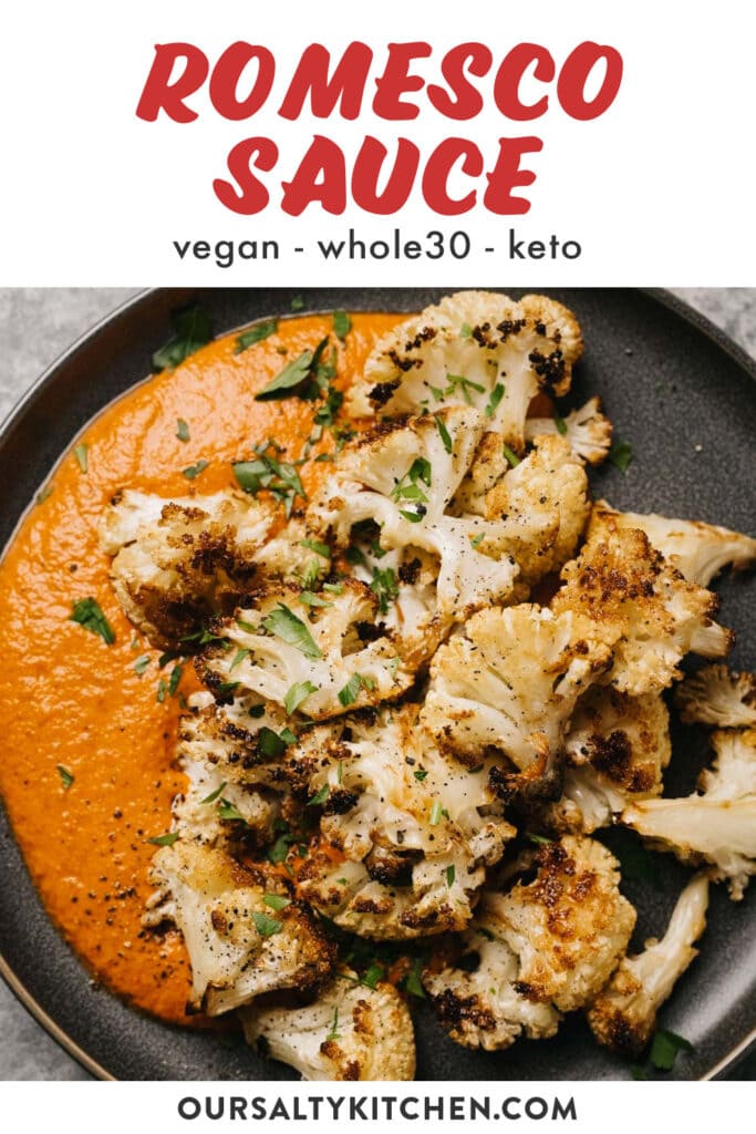 Pinterest image for healthy romesco sauce (vegan, whole30, and keto friendly!).