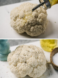 Seasoning a head of cauliflower with olive oil, salt, and pepper.