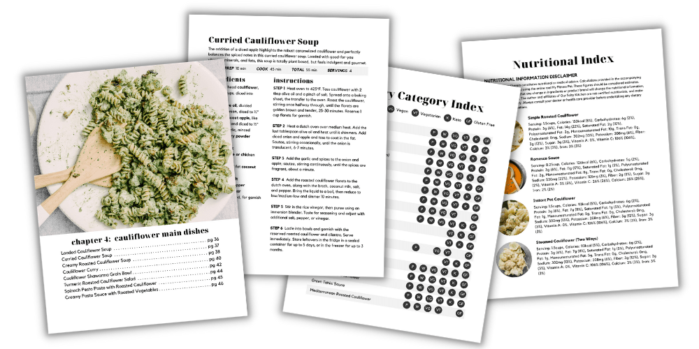 A collage of pages from the digital cookbook The Cauliflower Cookbook.
