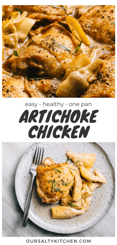 Pinterest collage for a healthy one pan artichoke chicken recipe.