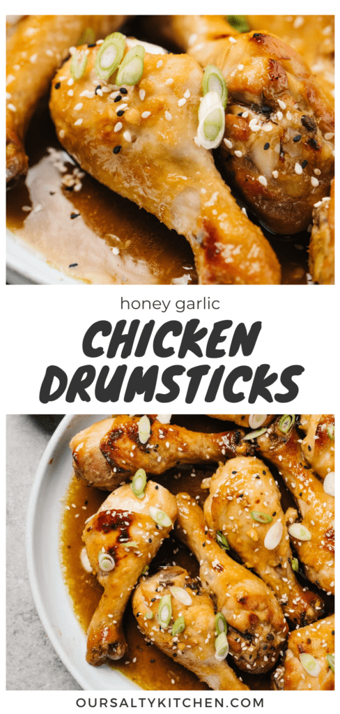 Pinterest collage for a recipe for honey garlic baked chicken drumsticks.