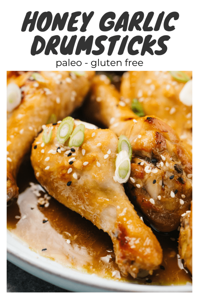 Pinterest collage for paleo chicken drumsticks with honey garlic.
