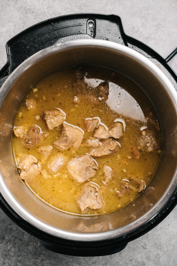 Cooked instant pot carnitas from overhead.