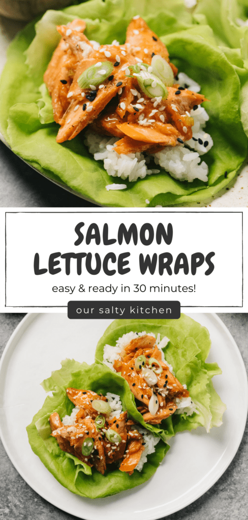 Pinterest collage for a teriyaki salmon lettuce wraps recipe.