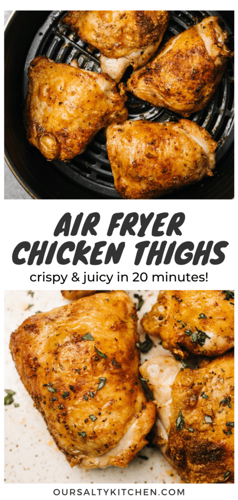 A collage of air fryer chicken thighs on a platter and in an air fryer basket with a title bar that reads "air fryer chicken thighs - crispy and juicy in 20 minutes!"