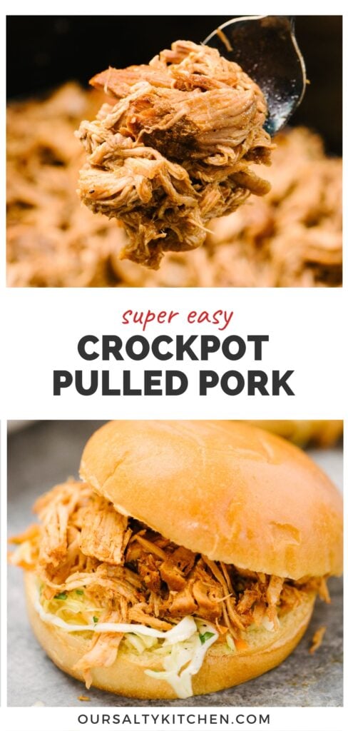 Top - side view, pulled pork on a serving fork hovering over a slow cooker; bottom - a pulled pork sandwich with coleslaw on a brioche bun; title bar in the middle reads "super easy crockpot pulled pork".