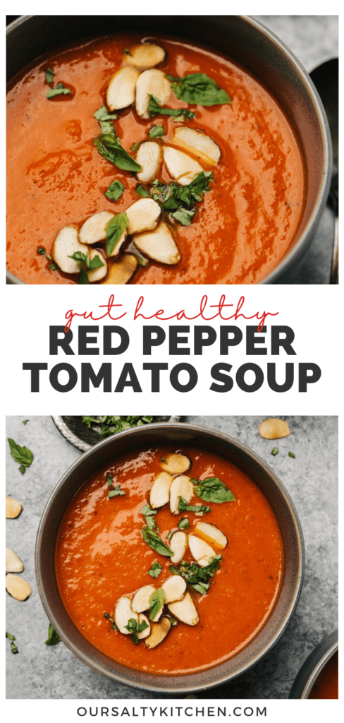 Pinterest collage for a gut healthy soup recipe with roasted red peppers and tomatoes.
