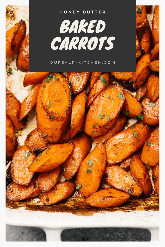 Pinterest image for a post on how to cook carrots five different ways, with a photo of baked carrots.