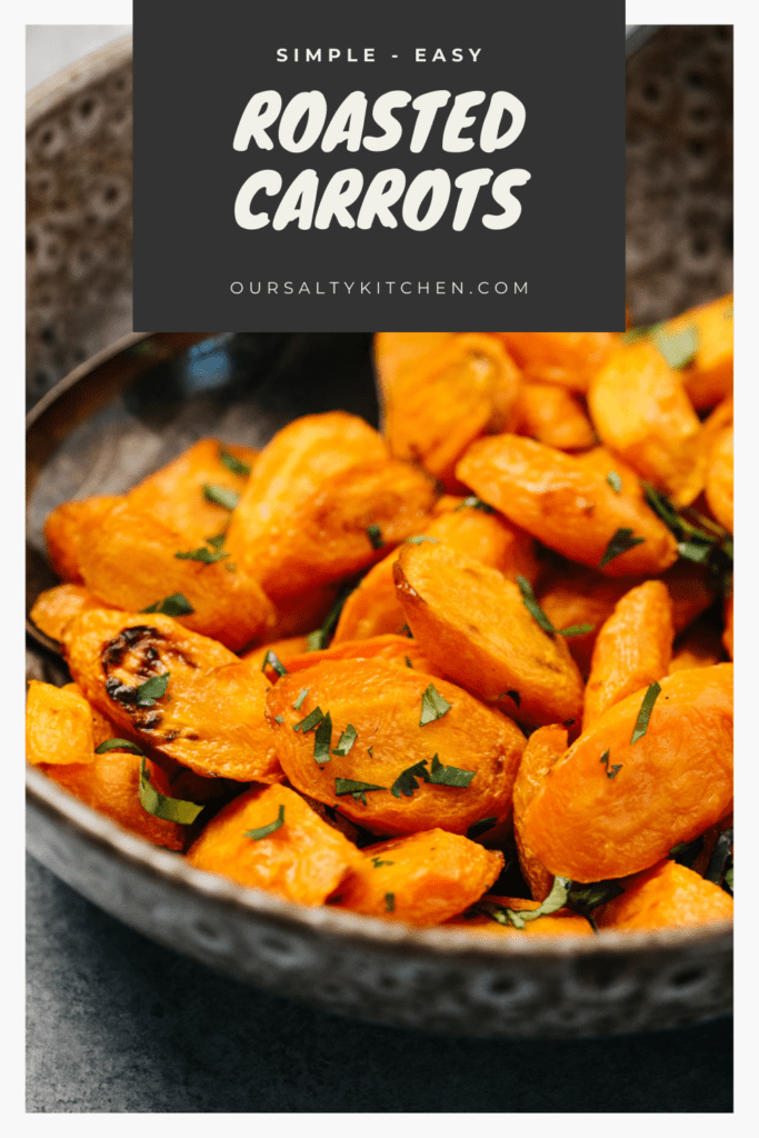 Pinterest image for a post on how to cook carrots five different ways, with a photo of roasted carrots.