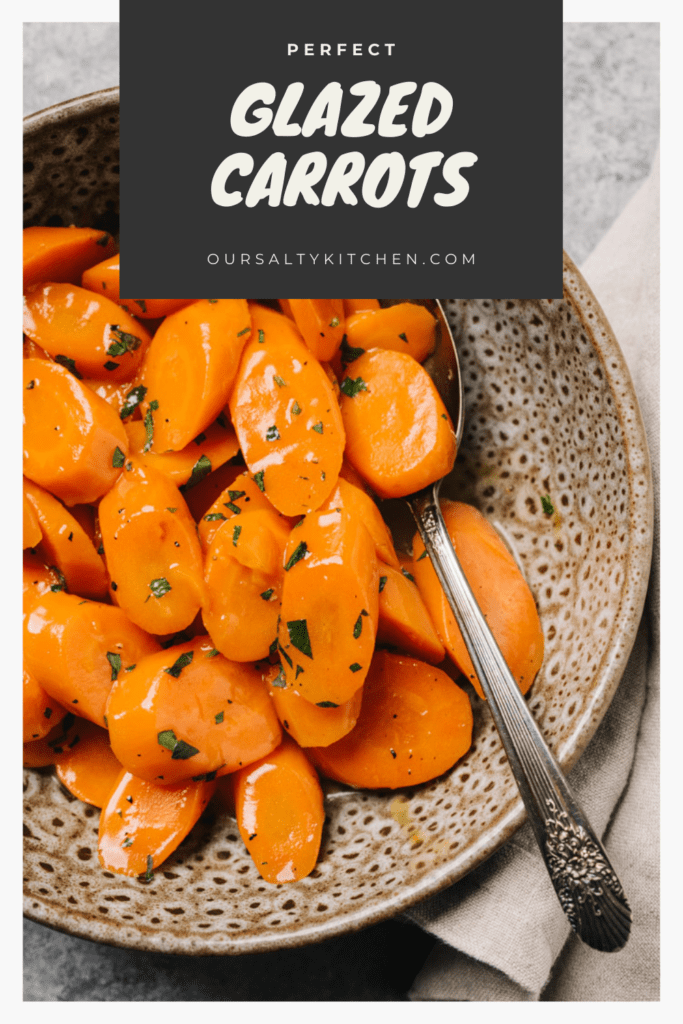 Pinterest image for a post on how to cook carrots five different ways, with a photo of glazed carrots.