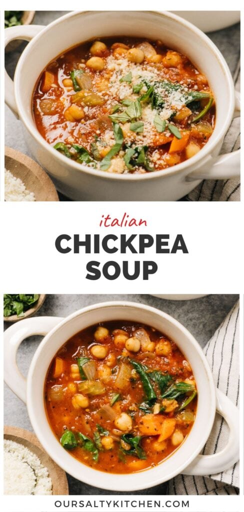 Pinterest collage for an Italian chickpea soup recipe.